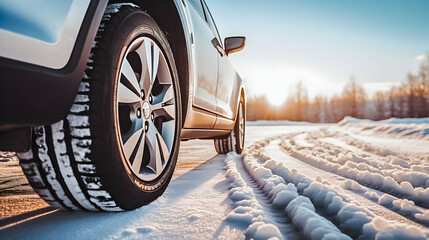 Car's wheel in snow. Snowdrifts, ice and snow freezing problems.