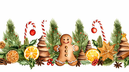 Illustration of Christmas banner with candy canes, gingerbread man,tree and holly berry on the white background.