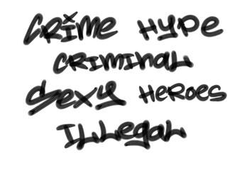 Collection of graffiti street art tags with words and symbols in black color on white background