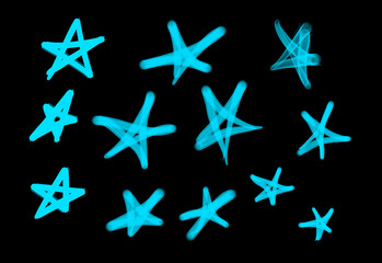 Fototapeta na wymiar Collection of graffiti street art tags with star symbols in light blue color on black background