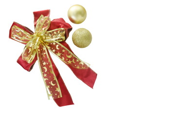 golden ball and red velvet ribbon for decoration in Christmas and new year festival isolated on white background