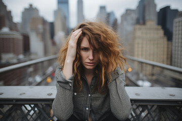 Fototapeta premium Young woman with headache on the background of the city holding her head with a migraine attack