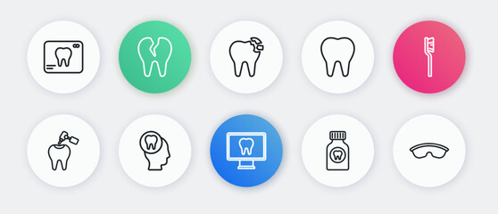 Set line Online dental care, Toothbrush, with caries and drill, Toothache painkiller tablet, Broken tooth, Safety goggle glasses and icon. Vector