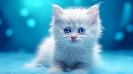 Fototapeta na wymiar Muscular white kitten with light blue eyes and short hair. Sweet and happy face Neon RGB background.