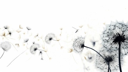  White background, dandelion, in the style of graphic biological book illustration, black japan paint, text base