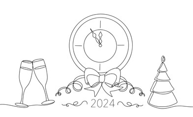 New Year's watch. Champagne. Christmas tree. One line