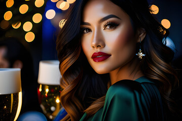 Beautiful young woman at a party looking directly at the camera. Model by AI generative