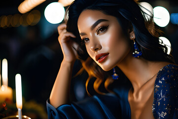 A beautiful woman wearing a colorful dress and large earrings at a party, looking at the camera. AI generative