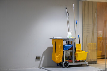 cleaning tools cart. tools and equipments on cart for service in the office and hotel building. - obrazy, fototapety, plakaty
