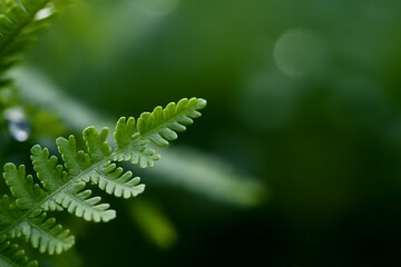 Fototapeta premium Green fern leaves, selective focus against green bokeh garden background, with copy space. generative ai.