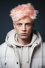Stylish portrait of albino young man in studio, ai generated