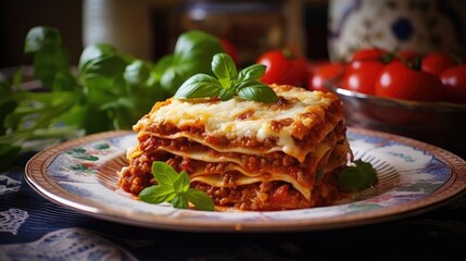 A portion of classic lasagna on a plate