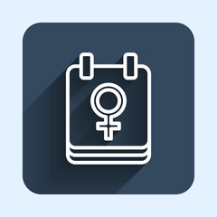 White line Calendar with 8 March icon isolated with long shadow background. International Happy Women Day. Blue square button. Vector