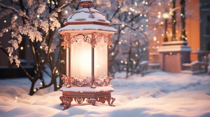 Beautiful and very cute realistic winter snowy street lantern , light salmon and white colors, on a...