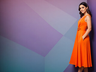 Model posing in orange umbrella dress