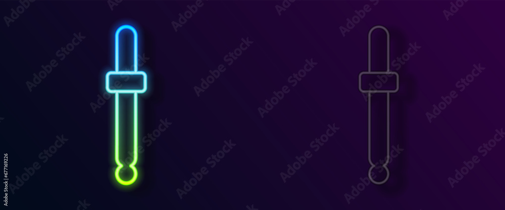 Poster glowing neon line eyedropper color picker palette icon isolated on isolated on black background. vec