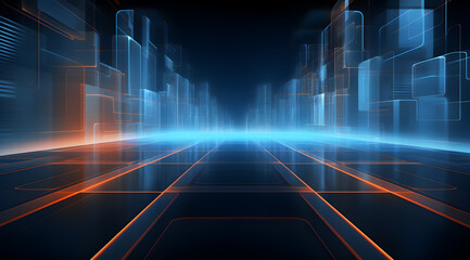 Sleek digital landscape with glowing neon grid lines. Abstract widescreen background wallpaper. 