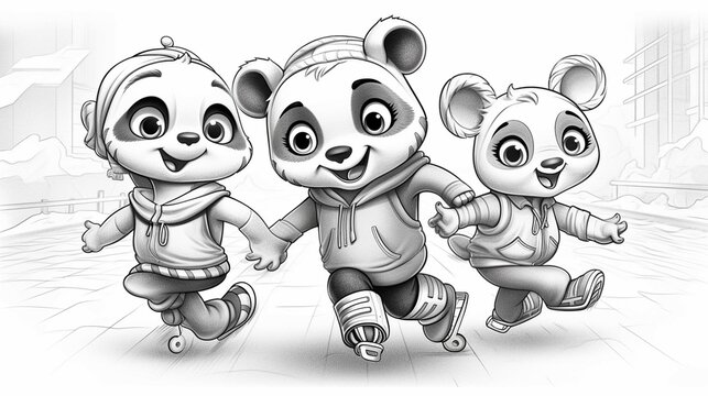 
coloring page for kids, pandas enjoying ice skating, cartoon style, no shading, thick lines, no color