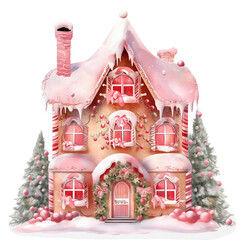 Sweet gingerbread house painted with watercolors in pink white green with many details isolated