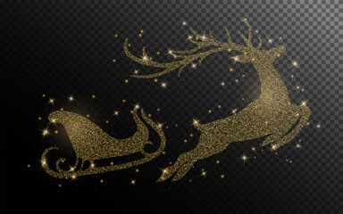 Shiny gold glitter transparent silhouette reindeer and Santa sleigh. Merry Christmas and new year light effect for holiday background, greeting card, invitation, web banner. © AlyxArt