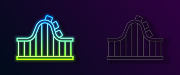Glowing neon line Roller coaster icon isolated on black background. Amusement park. Childrens entertainment playground, recreation park. Vector