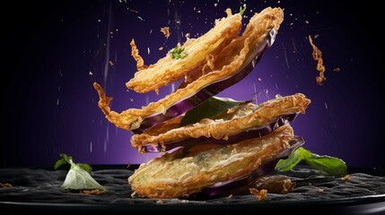 Delicious really thin cut tempura deep fried eggplant slices, floating in the air, cinematic , food professional photography ,studio lighting , studio background, advertising photography , intricate 