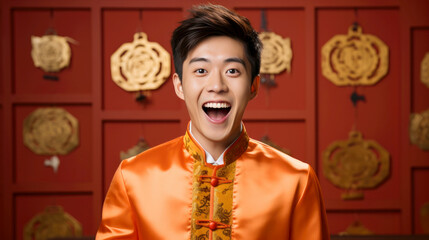 Fototapeta premium Portrait of smiling vogue Asian man with Chinese traditional clothing, Chinese New Year background