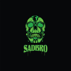 A green skull that is crying with the words sadbro underneath, suitable for metal, rock band logos, or streetwear brands, t-shirts and clothing brands