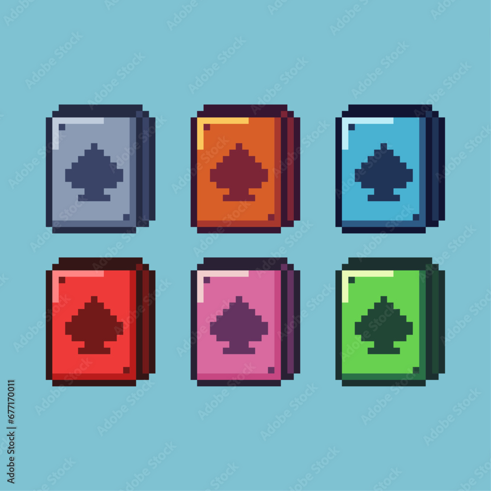 Poster pixel art sets of playing card with variation color item asset.playing card on pixelated style. 8bit