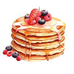 Layered pancakes topped with honey Decorated with many types of berries.