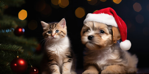 Fototapeta na wymiar Cat and Dog in Christmas Hat sitting next to Christmas Tree with Decorations and Lights. Pets and Christmas. Cute yorkshire terrier Puppy in Santa hat and Striped Kitten on a Christmas Background