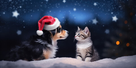 Cat and Dog in Santa Hat sitting in snow in winter forest at Christmas night. Pets and Christmas. Beautiful background for Merry Christmas and Happy New Year greeting card, invitation or banner design