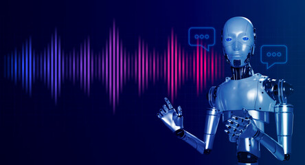 AI Conversation for business concept. Artificial intelligence conversational virtual assistant technology with chat bot background. Human robot with speech and digital voice sound wave processing.