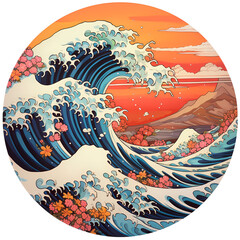 Great wave and bloom flower in the style of feminine