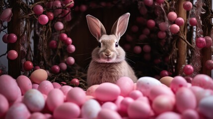 Naklejka na ściany i meble Fête de Pâques, un adorable lapin entouré d'une multitude d'œufs colorés