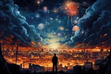 Une illustration d'une personne face à l'immensité d'une grande ville, la nuit, lumières éclatantes et feu d'artifice - obrazy, fototapety, plakaty