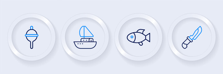 Set line Knife, Fish, Yacht sailboat and Fishing float icon. Vector