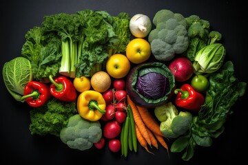 Différents légumes frais et variés, arrière-plan noir