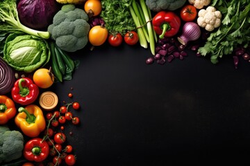 Différents légumes frais et variés, arrière-plan noir