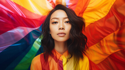 Portrait of an asian woman with rainbow flag, generated with ai