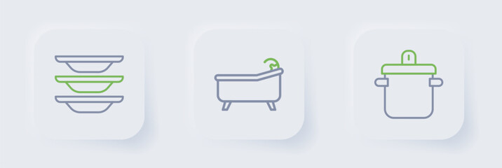 Set line Cooking pot, Bathtub and Washing dishes icon. Vector