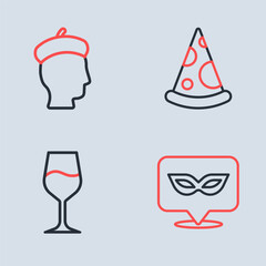 Set line Slice of pizza, Wine glass, Carnival mask and French man icon. Vector