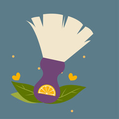 Illustration with Neck Duster Barber, Salon Brush to Remove Loose Hair from Neckline and lemon,Leaves