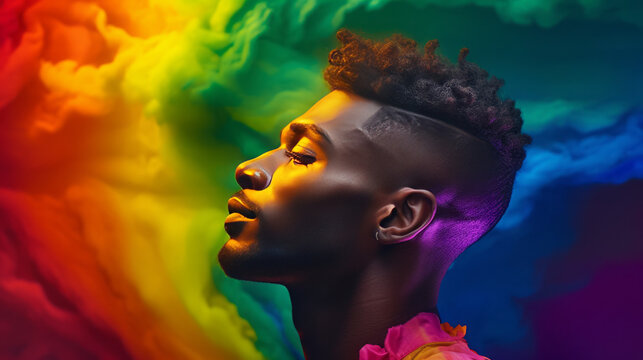 Portrait of a black member of the LGBTQ community with rainbow colors, generated with ai