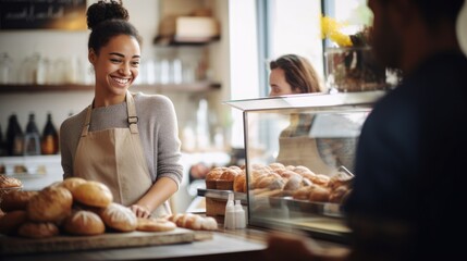 Portrait of Young adult woman standing in bakery shop. small business owner. - obrazy, fototapety, plakaty