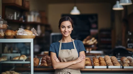 Foto op Plexiglas Portrait of Young adult woman standing in bakery shop. small business owner. © Oulaphone