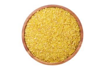 bowl of dry bulgur isolated on transparent background, top view