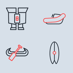 Set line Inflatable boat with motor, Kayak and paddle, Surfboard and Binoculars icon. Vector