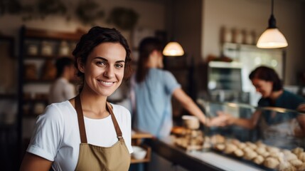 Fototapeta premium Portrait of Young adult woman standing in bakery shop. small business owner.
