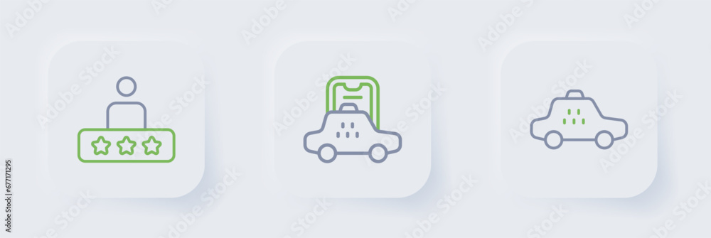 Poster set line taxi car, mobile app and service rating icon. vector